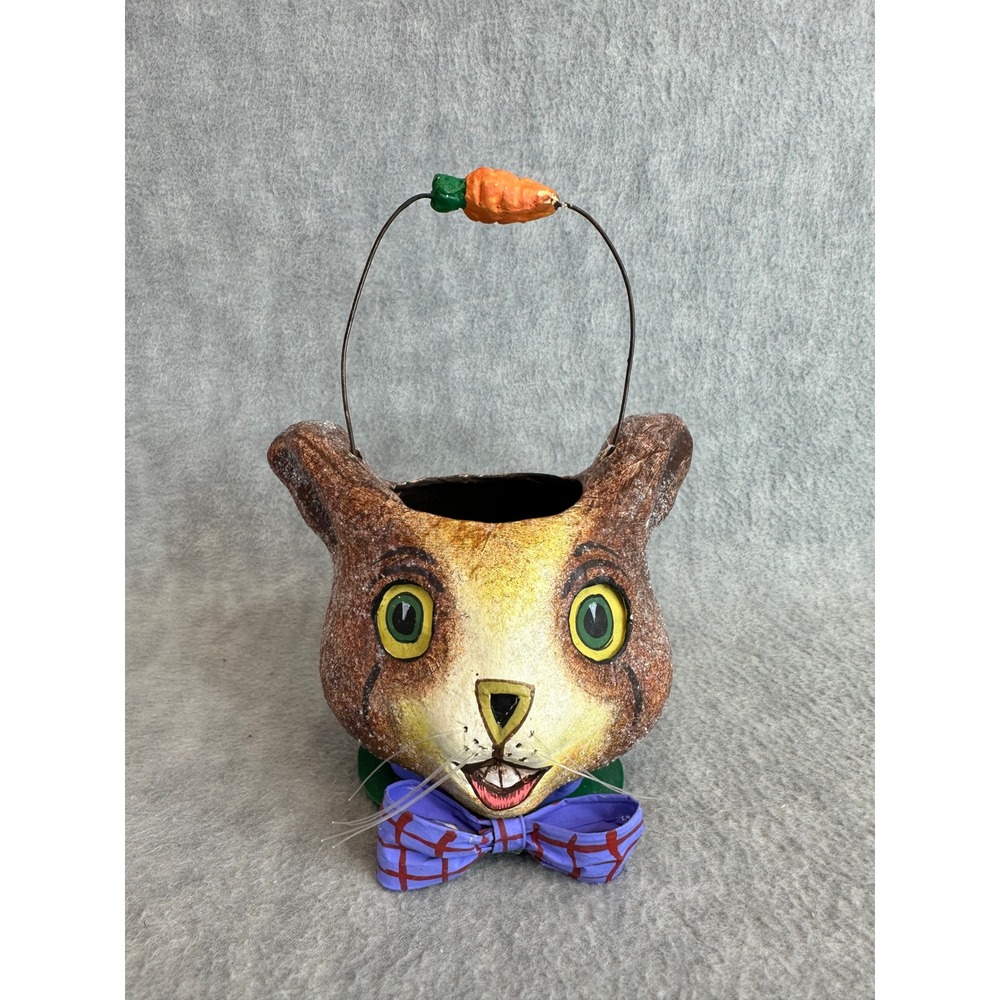 VTG Dept 56 Easter Bunny Basket Brown Paper Mache Folk Art Carrot Handle